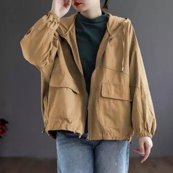 Весеннее пальто на подкладке для женщин, большой размер, новый универсальный свободный топ с капюшоном, тренчкот для женщин S [Recommended below 50kg] хаки