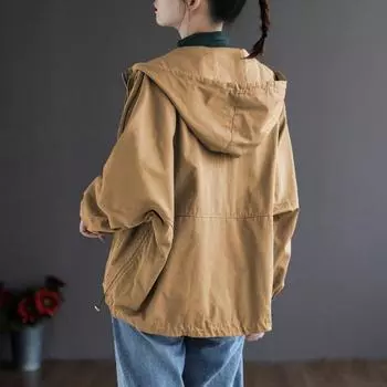 Весеннее пальто на подкладке для женщин, большой размер, новый универсальный свободный топ с капюшоном, тренчкот для женщин S [Recommended below 50kg] хаки