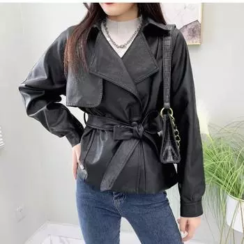 Весеннее пальто женское весна и осень новая корейская версия повседневное универсальное с длинными рукавами короткое осеннее женское полупальто из искусственной кожи M