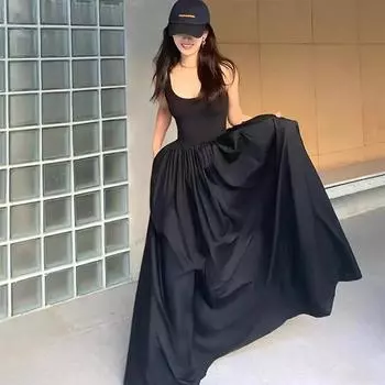 Весеннее платье без рукавов Женское платье премиум-класса Комфортное облегающее платье средней длины Harajuku Черное плиссированное вечернее платье XXL белый