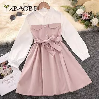 Весеннее платье для девочек, новинка 2023 года, корейские детские платья принцессы с длинными рукавами, платье-рубашка, детская одежда 8T розовый