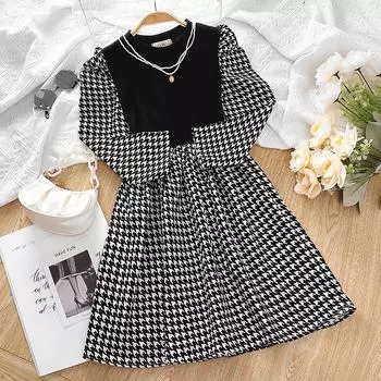 Весеннее платье для девочек в стиле преппи, детское клетчатое платье с длинным рукавом, платье принцессы, школьная форма, детская одежда 130 чёрный