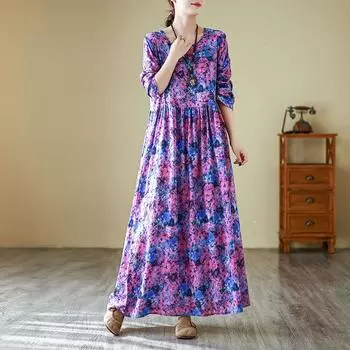 Весеннее платье из хлопка и льна с цветочным принтом в стиле «отпуск» и круглой горловиной в стиле ретро XL