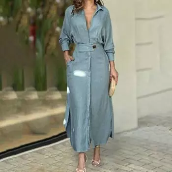 Весеннее платье макси, однотонное элегантное длинное платье с лацканами, женское летнее платье, женская одежда