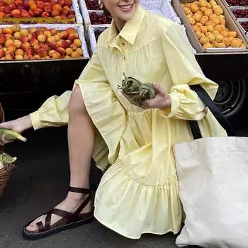 Весеннее платье-рубашка с длинными рукавами, однотонное платье с лацканами, женский простой хлопковый топ из пр. L белый