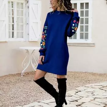 Весеннее платье с цветочной вышивкой нитью, мини-платье с длинным рукавом и круглым вырезом, свободное платье-толстовка для свиданий, поездок на работу и путешествий XXL армия зеленый