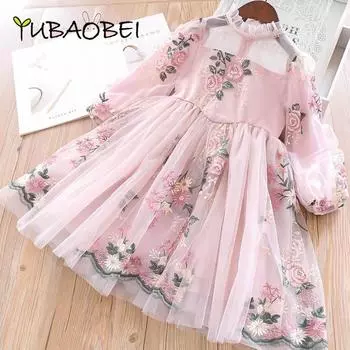 Весеннее платье с длинными рукавами для девочек, розовое платье принцессы с цветочной вышивкой для девочек, детская одежда, кружевное дворцовое платье с пышными рукавами 130
