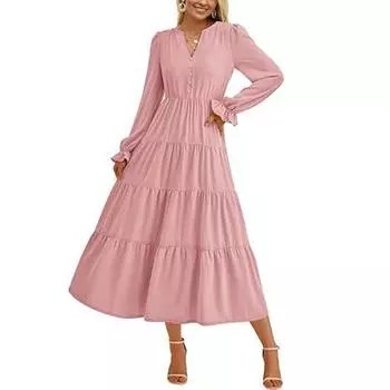 Весеннее платье с плиссированным подолом в стиле пэчворк А-силуэта с большим свободным кроем и V-образным вырезом XL розовый