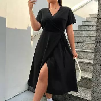 Весеннее платье средней длины с v-образным вырезом и разрезом, однотонное тонкое темпераментное пригородное платье с короткими рукавами XXXL чёрный