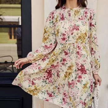 Весеннее платье-торт со свободной талией и длинными рукавами с принтом S жёлтый