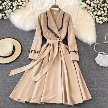 Весеннее платье-ветровка цвета хаки, темперамент знаменитостей, британский ремень на талии, повседневное пальто, платье длиной до колена