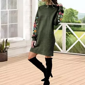 Весеннее платье Yousheng, мини-платье с цветочной вышивкой и длинным рукавом, с круглым вырезом, свободное платье-толстовка для свиданий, поездок на работу и путешествий XXL темно-красного