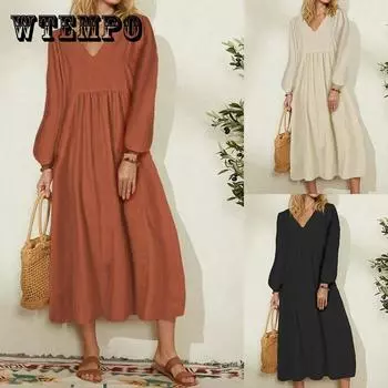 Весеннее платье женское модное хлопковое льняное свободное платье с рукавами-фонариками XXXL белый