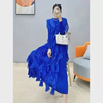 Весеннее плиссированное платье Miyake 2024 — элегантная, стройная и универсальная модная юбка для женщин Large Free Size чёрный