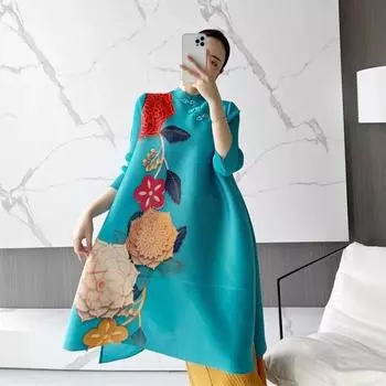 Весеннее плиссированное платье средней длины с частичным передом, новое винтажное свободное женское платье в стиле Cheongsam с рукавами 3/4 и воротником-стойкой M синий