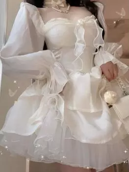 Весеннее пляжное однотонное сказочное платье Kawaii, женское мини-платье с длинным рукавом в стиле Лолиты, женское повседневное корейское модное цельное платье S бежевый