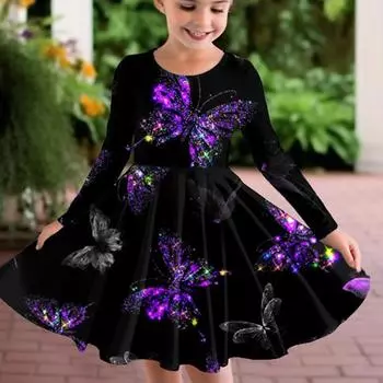 Весеннее повседневное 3D платье с несколькими танцующими бабочками и принтом для девочек, детское платье принцессы с круглым вырезом и длинными рукавами 80 красный