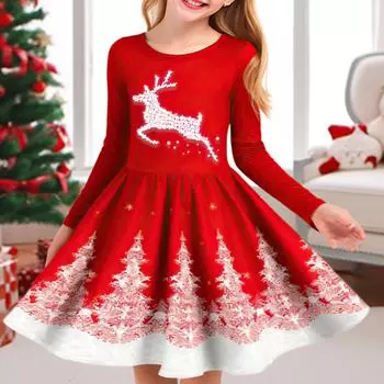 Весеннее повседневное платье принцессы с 3D кристаллами и принтом лося и кедра для девочек, детское платье принцессы на Рождество с круглым вырезом и длинными рукавами 80 зелёный