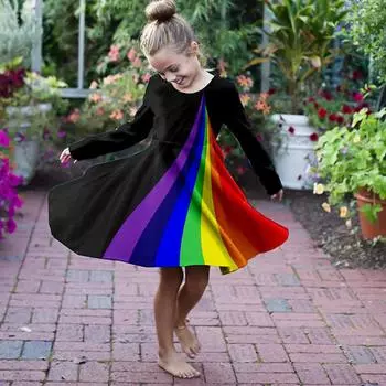 Весеннее повседневное платье с 3D блестящим радужным принтом для девочек, круглым вырезом и длинными рукавами, детское платье принцессы 80 чёрный