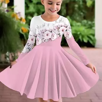 Весеннее повседневное платье с 3D цветочным принтом для девочек и круглым вырезом и длинными рукавами, детское платье принцессы 80 зелёный