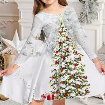 Весеннее повседневное платье с 3D красочным принтом рождественской елки для девочек, платье с круглым вырезом и длинными рукавами, детское платье принцессы на Рождество 80 белый