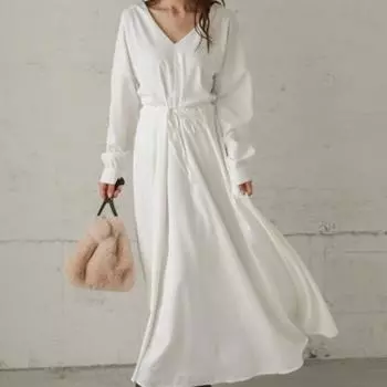 Весеннее повседневное платье с V-образным вырезом и длинным рукавом, со шнуровкой на талии, женское модное однотонное элегантное однотонное летнее женское платье, винтажное простое длинное женское платье 26074 S белый