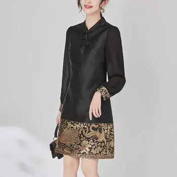 Весеннее ретро-платье из жаккарда золотого цвета с китайской пуговицей XL чёрный