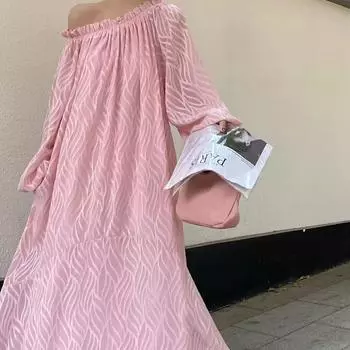 Весеннее розовое платье для женщин с открытыми плечами, модные длинные рукава, женские платья в корейском стиле, свободное плиссированное женское длинное платье с оборками One Size хаки
