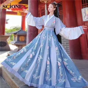 Весеннее сценическое китайское танцевальное платье Hanfu, женский костюм для танцевальной вечеринки, юбки с вышивкой и перекрестным воротником, до половины талии S синий