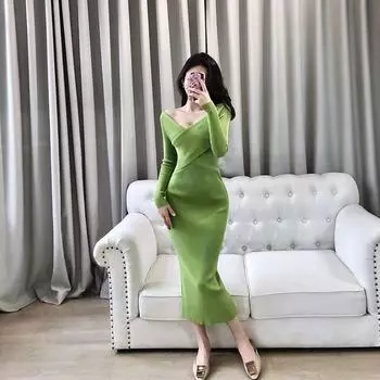 Весеннее сексуальное вязаное платье-пуловер, женское облегающее платье, зеленые, черные платья-футляры с крестом One Size