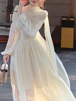 Весеннее темпераментное французское белое платье с пышными рукавами и длинной талией, платье феи, женское повседневное длинное вечернее платье для женщин S