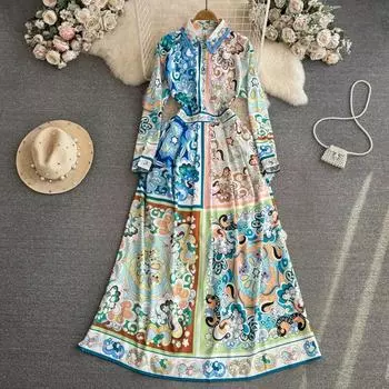 Весеннее тонкое платье макси с длинными рукавами и лацканами для женщин, дизайнерская винтажная рубашка с принтом на подиуме, халаты M синий
