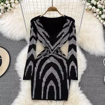 Весеннее тяжелое промышленное платье с узором зебры, горячая дрель, с длинным рукавом, v-образным вырезом, блестящая эластичная набедренная повязка, легкое роскошное платье, платье с запахом на бедрах One Size чёрный