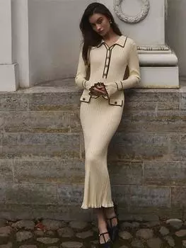 Весеннее трикотажное женское платье с расклешенными рукавами и оборками по подолу, однобортное платье с воротником-поло, женский халат M белый