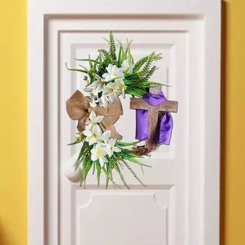 Весеннее украшение Пасхальный венок с крестом и галстуком-бабочкой, деревенское украшение из виноградной лозы Весенний венок DIY Пасхальное украшение венок для входной двери One Size