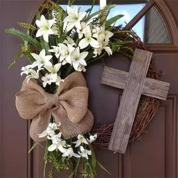 Весеннее украшение Пасхальный венок с крестом и галстуком-бабочкой, деревенское украшение из виноградной лозы Весенний венок DIY Пасхальное украшение венок для входной двери