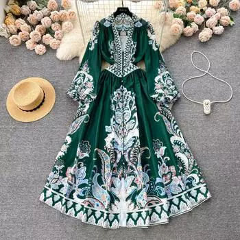 Весеннее вечернее платье с французским принтом для женщин, винтажное длинное праздничное платье с v-образным вырезом и пышными рукавами, женское элегантное пригородное платье S розовый/белый