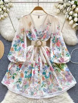 Весеннее винтажное элегантное праздничное платье для женщин с цветочным принтом, длинное мини-платье с рукавами-фонариками и V-образным вырезом, женское кружевное бальное платье, новое S абрикосовый