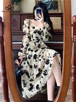 Весеннее винтажное платье с цветочным принтом, женское элегантное вечернее платье миди с принтом, женское повседневное корейское модное ретро-платье в стиле Хепберн S