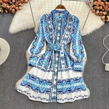 Весеннее винтажное платье трапециевидной формы с высокой талией и воротником-стойкой, рукавами-фонариками, на шнуровке на талии, большое свободное платье для женщин