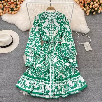 Весеннее винтажное тонкое однобортное платье в стиле суда с длинными рукавами и воротником-стойкой и высокой талией в форме буквы «Селадон» M зелёный