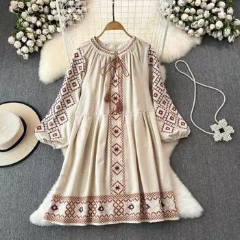 Весеннее винтажное вышитое платье А-силуэта для женщин со шнуровкой на воротнике и рукавами-фонариками, свободные платья средней длины, новая одежда от модного дизайнера One Size абрикосовый