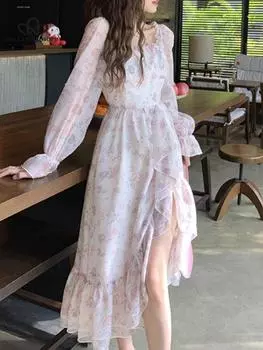 Весеннее женское элегантное праздничное платье с рюшами и квадратным воротником с цветочным принтом, вечернее платье, женское платье миди с расклешенными рукавами S розовый