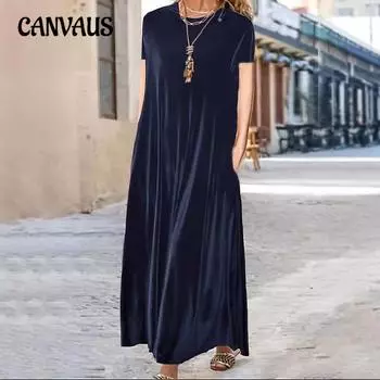 Весеннее женское длинное платье большого размера из золотистого бархата с круглым вырезом S зелёный