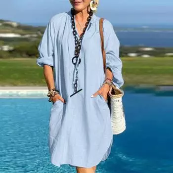 Весеннее женское льняное однотонное платье с длинными рукавами и V-образным вырезом S коричневый