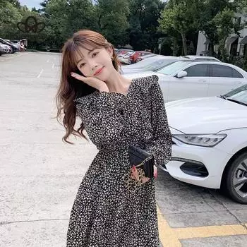 Весеннее женское маленькое шифоновое платье с v-образным вырезом и длинными рукавами в корейском стиле S чёрный