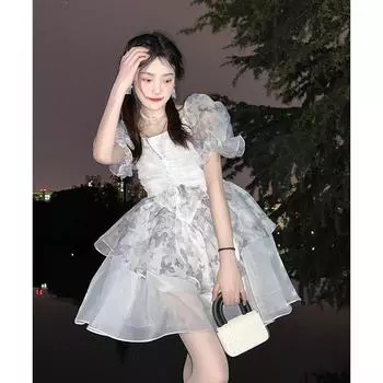 Весеннее женское милое милое платье с пышными рукавами, летние винтажные сетчатые вечерние платья с принтом бабочки S