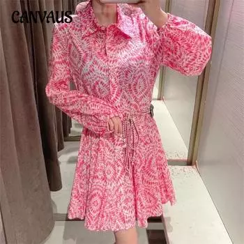 Весеннее женское мини-платье со шнуровкой и принтом с длинными рукавами и юбкой-подъюбником XS розовый