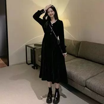 Весеннее женское модное платье с v-образным вырезом, черное платье феи, маленькое черное праздничное платье, французское платье Хепберн S чёрный