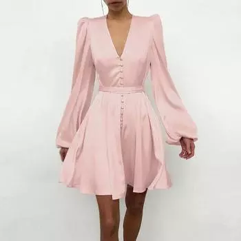 Весеннее женское новое дизайнерское атласное облегающее платье с рукавами-фонариками и v-образным вырезом S белый